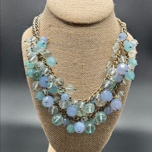 Pastel Aqua Cluster Bead Statement Necklace Gold Tone Adjustable 16–19”